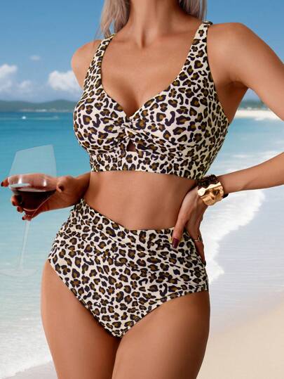 Swim Lushoire ملابس شاطئية للنساء، ملابس علوية فضفاضة أنيقة عادية ذات أربطة عريضة بطبعة جلد الفهد عشوائية وبيكيني ذو خصر عالي وطبعة جلد الفهد جذاب