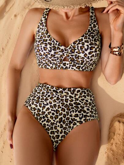 Swim Lushoire ملابس شاطئية للنساء، ملابس علوية فضفاضة أنيقة عادية ذات أربطة عريضة بطبعة جلد الفهد عشوائية وبيكيني ذو خصر عالي وطبعة جلد الفهد جذاب