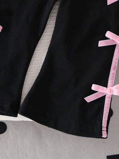 SHEIN مجموعة من 2 قطع للبنات الصغيرات: بلوزة كورية عصرية مخططة بأكمام قصيرة مزينة بفيونكة + بنطلون أرجل واسع مرتفع الخصر كاجوال طويل، لفصل الصيف
