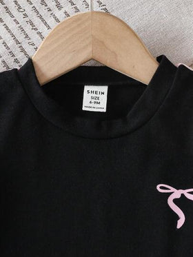 SHEIN مجموعة من 2 قطع للبنات الصغيرات: بلوزة كورية عصرية مخططة بأكمام قصيرة مزينة بفيونكة + بنطلون أرجل واسع مرتفع الخصر كاجوال طويل، لفصل الصيف