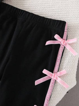SHEIN مجموعة من 2 قطع للبنات الصغيرات: بلوزة كورية عصرية مخططة بأكمام قصيرة مزينة بفيونكة + بنطلون أرجل واسع مرتفع الخصر كاجوال طويل، لفصل الصيف