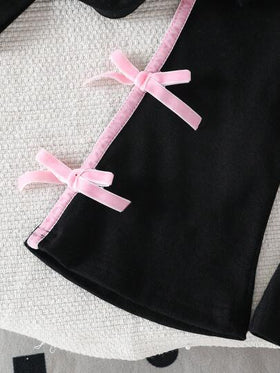 SHEIN مجموعة من 2 قطع للبنات الصغيرات: بلوزة كورية عصرية مخططة بأكمام قصيرة مزينة بفيونكة + بنطلون أرجل واسع مرتفع الخصر كاجوال طويل، لفصل الصيف