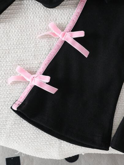 SHEIN مجموعة من 2 قطع للبنات الصغيرات: بلوزة كورية عصرية مخططة بأكمام قصيرة مزينة بفيونكة + بنطلون أرجل واسع مرتفع الخصر كاجوال طويل، لفصل الصيف