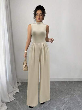 SHEIN LUNE جمبسوت سيدات أنيقة بلون سادة بلا أكمام بتجاعيد منتصفة