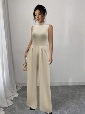 SHEIN LUNE جمبسوت سيدات أنيقة بلون سادة بلا أكمام بتجاعيد منتصفة