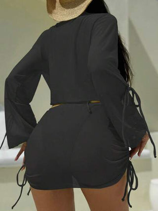 طقم تانكيني حريمي Swim SXY طقم مكون من 4 قطع: بكيني شرائط ذو قطعتين في الأعلى للرقبة، ملابس علوية مطرزة طويلة الأكمام فضفاضة، تنورة قصيرة بربطة الخصر، أنيق وجذاب مناسب للشاطئ والنادي والمنتجعات