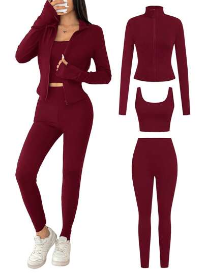SHEIN EZwear طقم رياضي مُحاك للنساء ، أحمر ،للربيع/الصيف