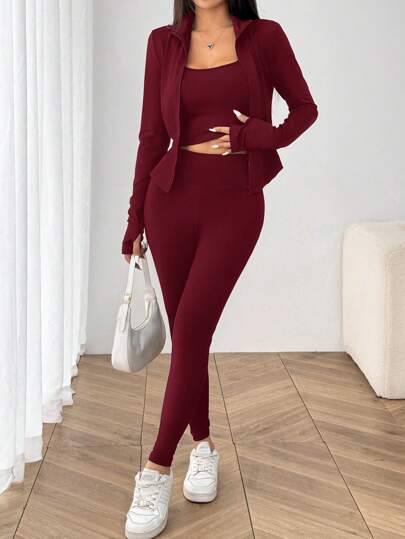 SHEIN EZwear طقم رياضي مُحاك للنساء ، أحمر ،للربيع/الصيف