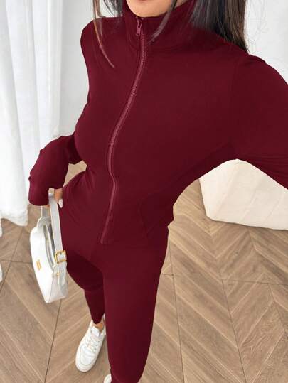 SHEIN EZwear طقم رياضي مُحاك للنساء ، أحمر ،للربيع/الصيف