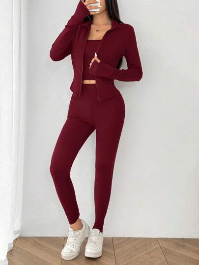 SHEIN EZwear طقم رياضي مُحاك للنساء ، أحمر ،للربيع/الصيف