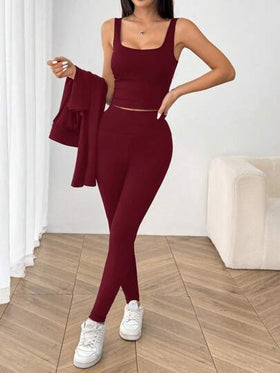 SHEIN EZwear طقم رياضي مُحاك للنساء ، أحمر ،للربيع/الصيف