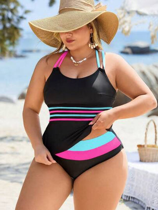 Swim Lushoire 2 قطعة ملابس سباحة من نوع تانكيني (قطعتان) للنساء ذوات الأحجام الكبيرة، باللون الأسود مع لون متباين، تصميم أنيق يناسب المناسبات والاستخدام اليومي، قابل للتعديل لضبط البطن