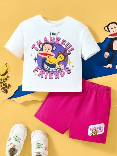 Paul Frank X  طقم تيشيرت قصير الأكمام أبيض كاجوال بطباعة الزرافة والقرد الكرتونية وقصيرة وردية فضفاضة كيوت للأطفال البنات