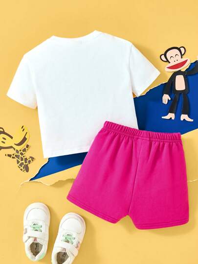 Paul Frank X  طقم تيشيرت قصير الأكمام أبيض كاجوال بطباعة الزرافة والقرد الكرتونية وقصيرة وردية فضفاضة كيوت للأطفال البنات