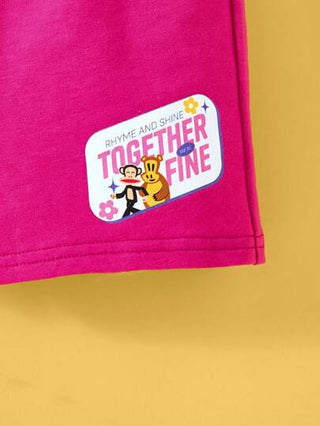 Paul Frank X  طقم تيشيرت قصير الأكمام أبيض كاجوال بطباعة الزرافة والقرد الكرتونية وقصيرة وردية فضفاضة كيوت للأطفال البنات