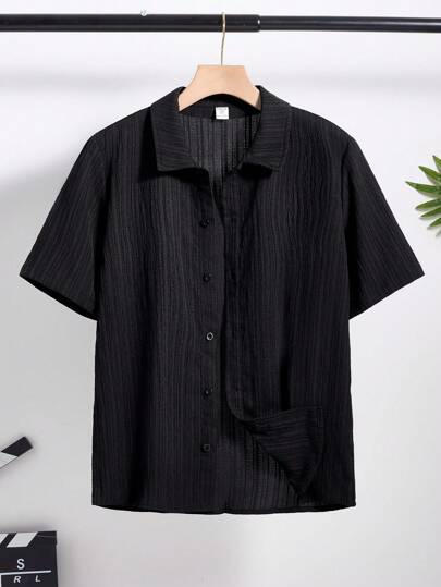SHEIN قميص أسود قصير الأكمام كاجوال مناسب للرياضة والملابس الشارعية والبنك والروك والمدرسة واليومي والحفلات ومهرجانات الموسيقى في الربيع والصيف