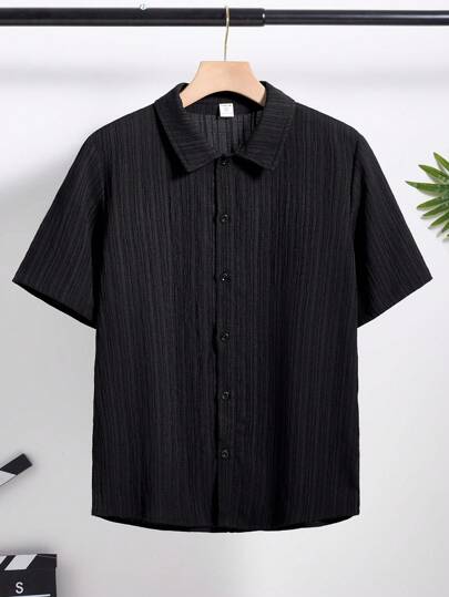SHEIN قميص أسود قصير الأكمام كاجوال مناسب للرياضة والملابس الشارعية والبنك والروك والمدرسة واليومي والحفلات ومهرجانات الموسيقى في الربيع والصيف