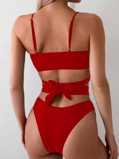 Swim Basics طقم بكيني نسائي بحمالات سباغيتي بلون صلب مفرغ مناسب للعطلات الصيفية والشاطئ