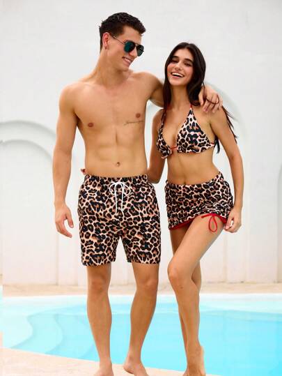 Manfinity Swimmode سروال قصير رجالي بخصر رباط بطبعة نمر للشاطئ