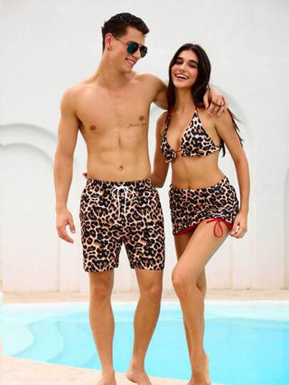 Manfinity Swimmode سروال قصير رجالي بخصر رباط بطبعة نمر للشاطئ