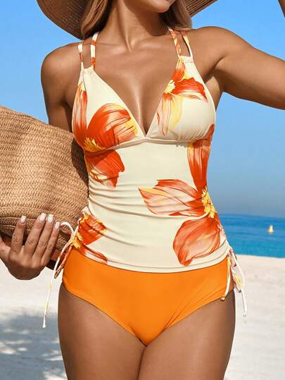 طقم تانكيني حريمي Swim Lushoire مجموعة بكيني نسائية من قطعتين ، فستان كاوي برباط كتفي مطبوع بياقة على شكل حرف V للاستخدام في العطلات والشاطئ