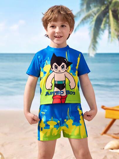 مايوه أولادي Astro Boy X  مجموعة ملابس سباحة للأولاد الصغار في العطلة الصيفية، تتكون من ملابس علوية بأكمام قصيرة ورسوم كرتونية وشورت