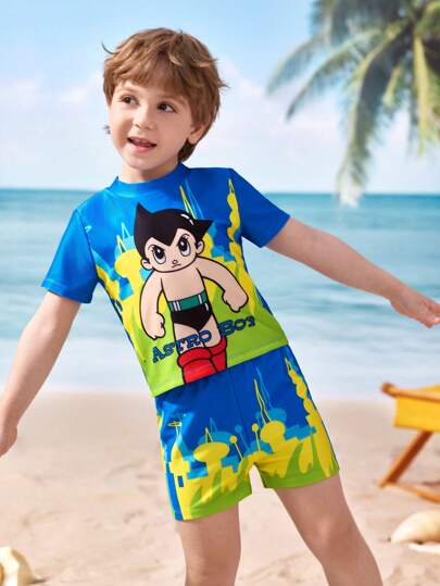 مايوه أولادي Astro Boy X  مجموعة ملابس سباحة للأولاد الصغار في العطلة الصيفية، تتكون من ملابس علوية بأكمام قصيرة ورسوم كرتونية وشورت
