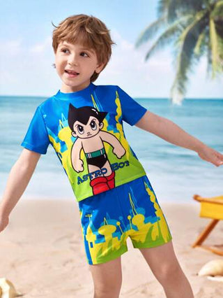 مايوه أولادي Astro Boy X  مجموعة ملابس سباحة للأولاد الصغار في العطلة الصيفية، تتكون من ملابس علوية بأكمام قصيرة ورسوم كرتونية وشورت