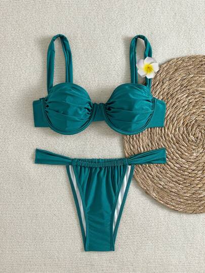 طقم تانكيني حريمي Swim Vcay مجموعة بكيني جديدة للسيدات ذات لون أحادي، حواف سميكة ظهر عاري ، أكواب ملائمة وأسفل مثلث مع ترتيب تجاعيد وطباعة زهور ثلاثية الأبعاد قابلة للإزالة، مناسبة لشاطئ الصيف