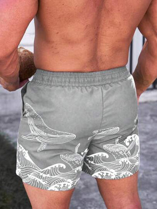 Manfinity Swimmode شورت شاطئ قصير بسحاب خصر مع طباعة سمكة القرش، هاواي