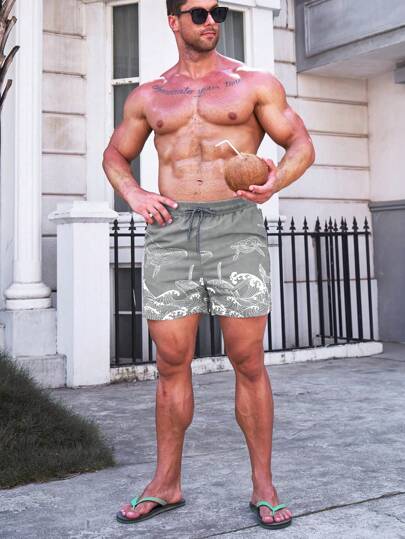 Manfinity Swimmode شورت شاطئ قصير بسحاب خصر مع طباعة سمكة القرش، هاواي