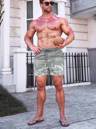Manfinity Swimmode شورت شاطئ قصير بسحاب خصر مع طباعة سمكة القرش، هاواي