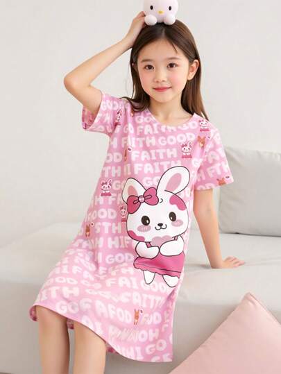 بيجاما Genkimix Kids بيجامة بنات المراهقين، طباعة صور أرنب وحرف وردي أنيق، بيجامة ليلية طويلة بأكمام قصيرة، ملابس راحة منزلية