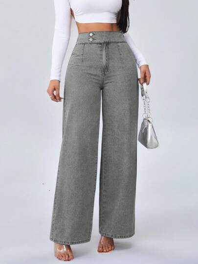 SHEIN Tall سراويل جينز نسائية ذات خصر عالي مرن وفضفاض وساق واسعة بتصميم مستقيم بلون أزرق، بنطلونات جينز للنساء الطويلات ،بنطلونات جينز أمي