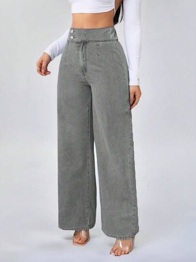 SHEIN Tall سراويل جينز نسائية ذات خصر عالي مرن وفضفاض وساق واسعة بتصميم مستقيم بلون أزرق، بنطلونات جينز للنساء الطويلات ،بنطلونات جينز أمي