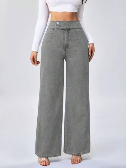 SHEIN Tall سراويل جينز نسائية ذات خصر عالي مرن وفضفاض وساق واسعة بتصميم مستقيم بلون أزرق، بنطلونات جينز للنساء الطويلات ،بنطلونات جينز أمي
