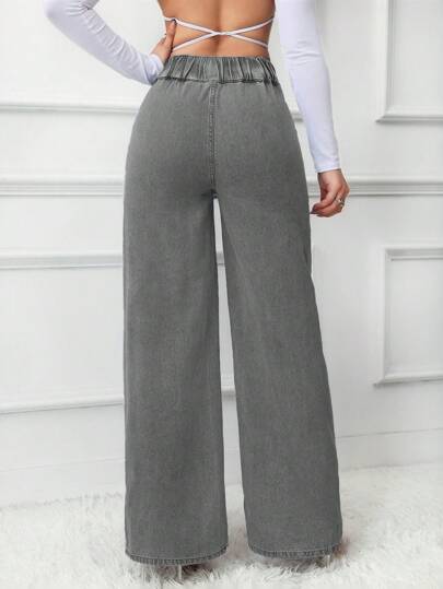 SHEIN Tall سراويل جينز نسائية ذات خصر عالي مرن وفضفاض وساق واسعة بتصميم مستقيم بلون أزرق، بنطلونات جينز للنساء الطويلات ،بنطلونات جينز أمي