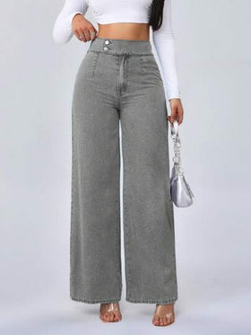 SHEIN Tall سراويل جينز نسائية ذات خصر عالي مرن وفضفاض وساق واسعة بتصميم مستقيم بلون أزرق، بنطلونات جينز للنساء الطويلات ،بنطلونات جينز أمي
