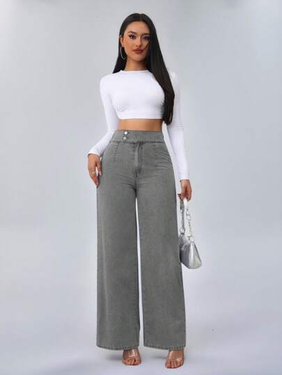 SHEIN Tall سراويل جينز نسائية ذات خصر عالي مرن وفضفاض وساق واسعة بتصميم مستقيم بلون أزرق، بنطلونات جينز للنساء الطويلات ،بنطلونات جينز أمي