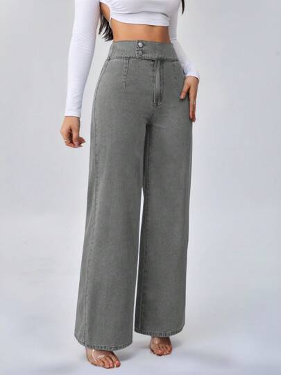 SHEIN Tall سراويل جينز نسائية ذات خصر عالي مرن وفضفاض وساق واسعة بتصميم مستقيم بلون أزرق، بنطلونات جينز للنساء الطويلات ،بنطلونات جينز أمي