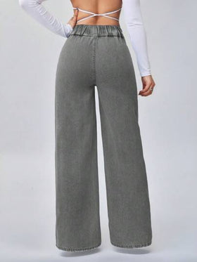 SHEIN Tall سراويل جينز نسائية ذات خصر عالي مرن وفضفاض وساق واسعة بتصميم مستقيم بلون أزرق، بنطلونات جينز للنساء الطويلات ،بنطلونات جينز أمي