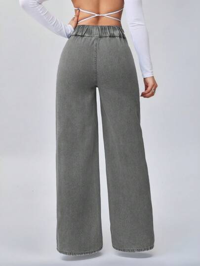 SHEIN Tall سراويل جينز نسائية ذات خصر عالي مرن وفضفاض وساق واسعة بتصميم مستقيم بلون أزرق، بنطلونات جينز للنساء الطويلات ،بنطلونات جينز أمي