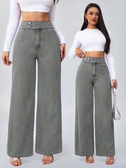 SHEIN Tall سراويل جينز نسائية ذات خصر عالي مرن وفضفاض وساق واسعة بتصميم مستقيم بلون أزرق، بنطلونات جينز للنساء الطويلات ،بنطلونات جينز أمي