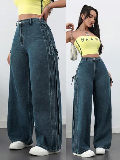 SHEIN ICON جينز نساء فضفاض مريح مزود ببطاقية الربطة اللون الأزرق
