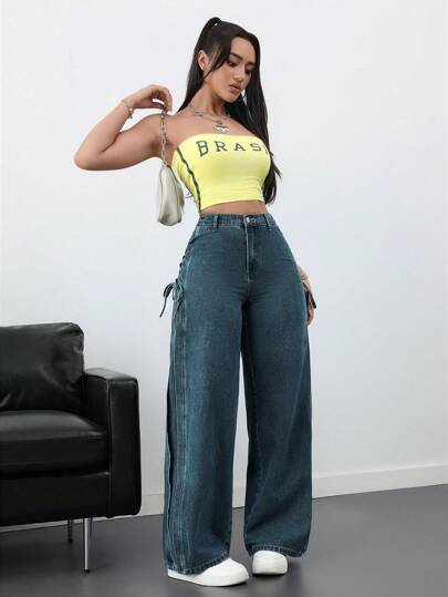 SHEIN ICON جينز نساء فضفاض مريح مزود ببطاقية الربطة اللون الأزرق