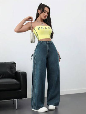 SHEIN ICON جينز نساء فضفاض مريح مزود ببطاقية الربطة اللون الأزرق