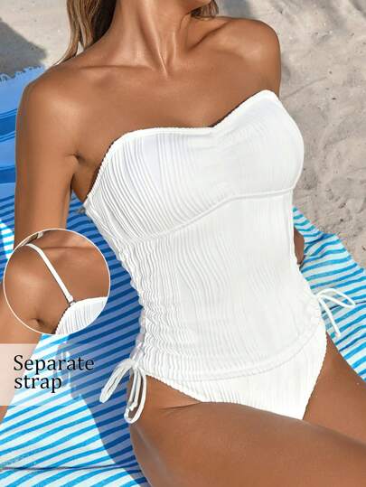 طقم تانكيني حريمي Swim Vcay بكيني 2 قطعة للنساء بنقشة الأمواج ذات لون واحد, قابل للتعديل بمشبك, مزين بالكشكشة, بدلة سباحة عصرية كاجوال للأعياد