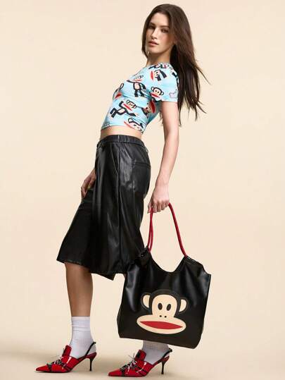 Paul Frank X  1 قطعة حقيبة كتف زخرفية بطباعة جلد PU بنمط كرتوني، مناسبة للرجال والنساء والمراهقين والطلاب، مناسبة للتنقل والسفر والخروج والتسوق، تستوعب أجهزة الكمبيوتر المحمول 16 بوصة والكتب والمحافظ وأكواب المياه، قرد، وأنيقة
