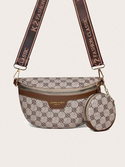 مجموعة 2 قطعة: 1 حقيبة خصر مطبوعة + 1 محفظة صغيرة، طراز موضة