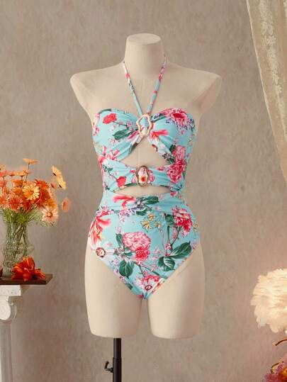 مايوه حريمي قطعة واحدة Swim Chiccia بكيني قطعة واحدة أنيق مفرّغ بزخرفة الأزهار مقاس نصف كوب